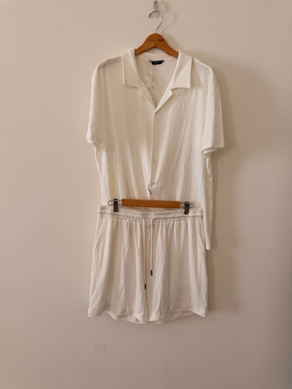 NWT Coofandy Cream Ribbed Short Sleeve Set Men's